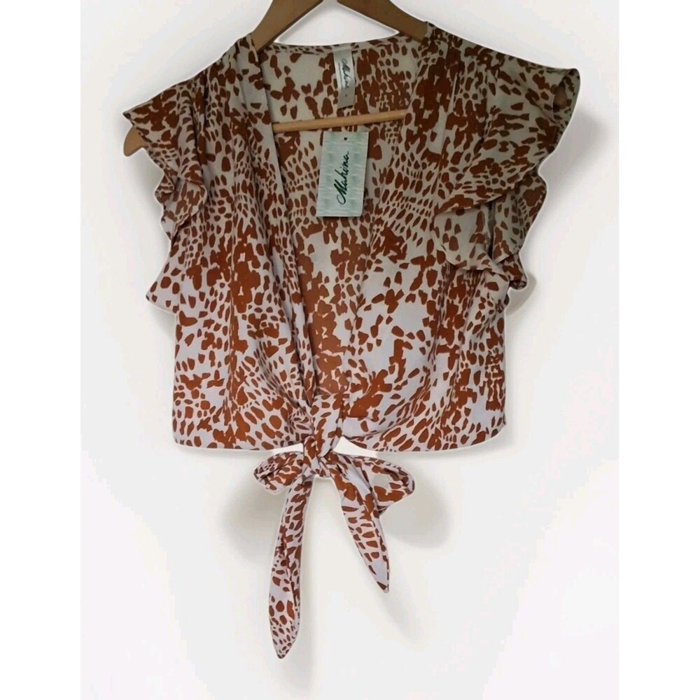 Mahina Animal Print Tie Front Crop Top Small NWT Boutique Boho Vacation NWT $48